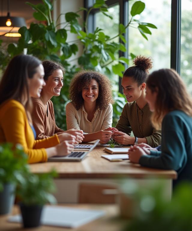 Diverse team collaboration in sustainable workspace